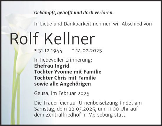 Traueranzeige von Rolf Kellner von Trauerkombi Merseburg