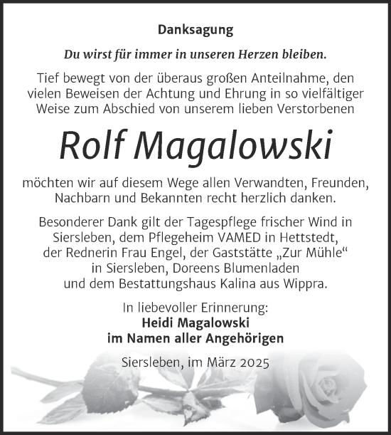 Traueranzeige von Rolf Magalowski von Trauerkombi Mansfelder Land
