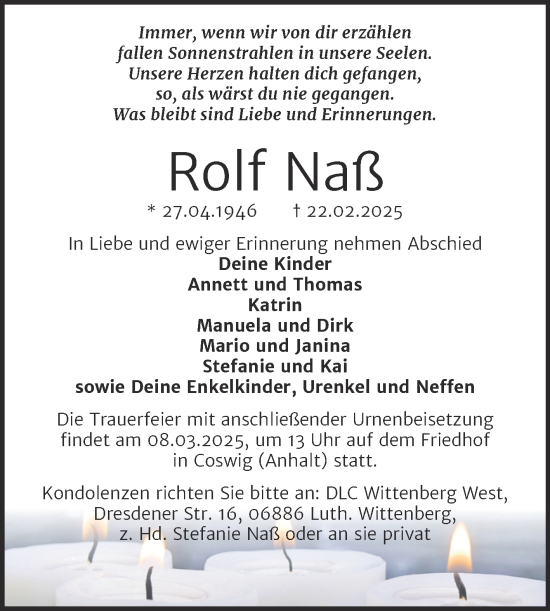 Traueranzeige von Rolf Naß von Trauerkombi Wittenberg