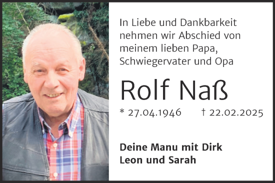 Traueranzeige von Rolf Naß von Trauerkombi Wittenberg
