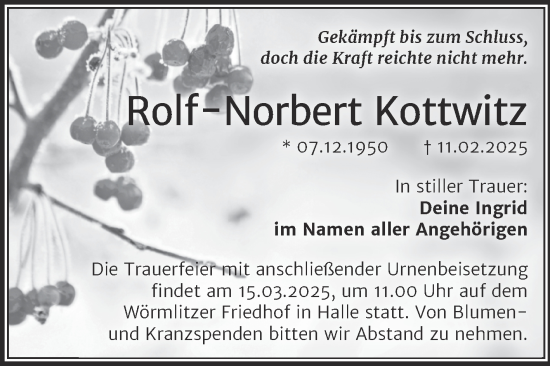 Traueranzeige von Rolf-Norbert Kottwitz von Mitteldeutsche Zeitung Halle/Saalkreis