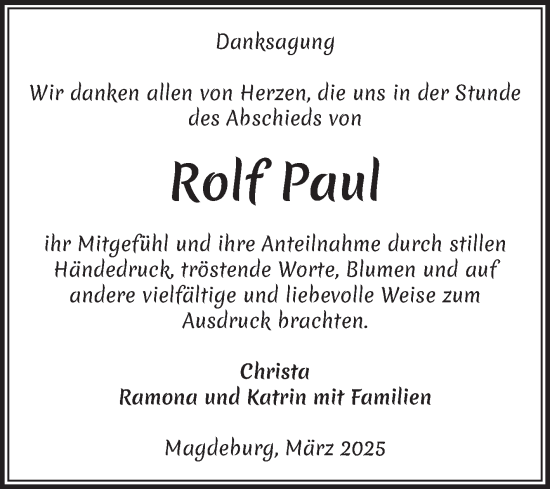 Traueranzeige von Rolf Paul von Volksstimme Magdeburg