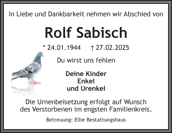 Traueranzeige von Rolf Sabisch von Volksstimme Magdeburg