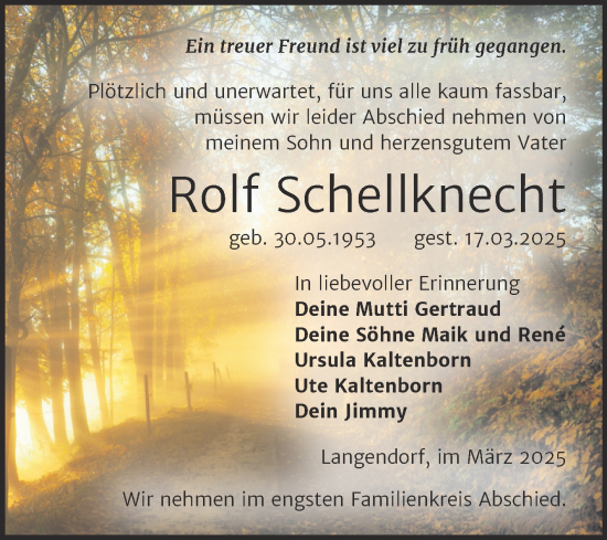 Traueranzeige von Rolf Schellknecht von Trauerkombi Weißenfels