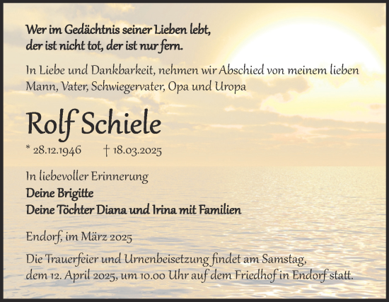 Traueranzeige von Rolf Schiele von Trauerkombi Quedlinburg