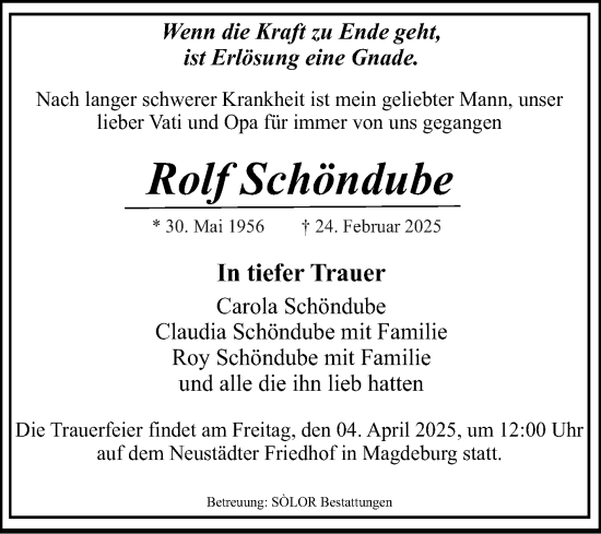 Traueranzeige von Rolf Schöndube von Volksstimme Magdeburg
