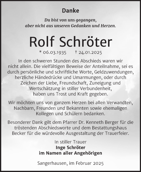 Traueranzeige von Rolf Schröter von Trauerkombi Sangerhausen