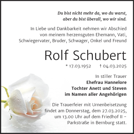 Traueranzeige von Rolf Schubert von Trauerkombi Bernburg