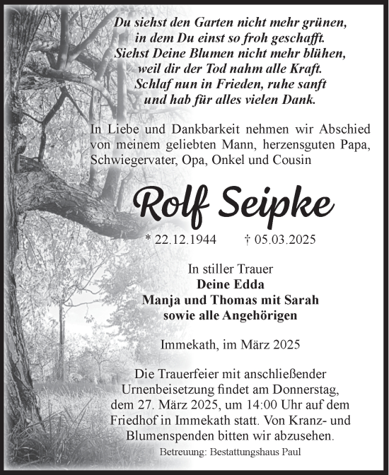 Traueranzeige von Rolf Seipke von Volksstimme Altmark West