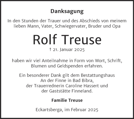 Traueranzeige von Rolf Treuse von Super Sonntag Naumburg/Nebra