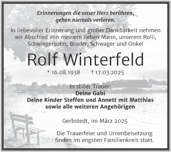 Traueranzeige von Rolf Winterfeld von Trauerkombi Mansfelder Land