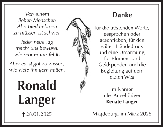 Traueranzeige von Ronald Langer von Volksstimme Magdeburg