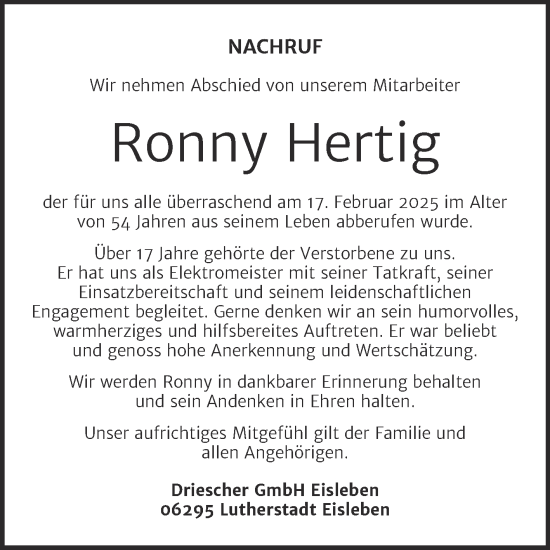 Traueranzeige von Ronny Hertig von Mitteldeutsche Zeitung Mansfelder Land