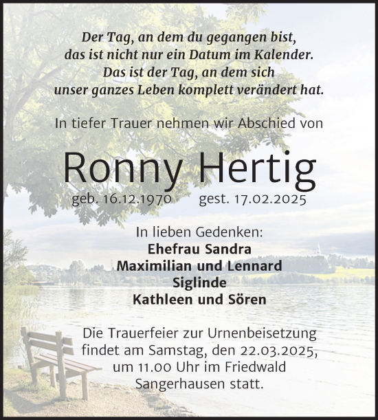 Traueranzeige von Ronny Hertig von Trauerkombi Mansfelder Land