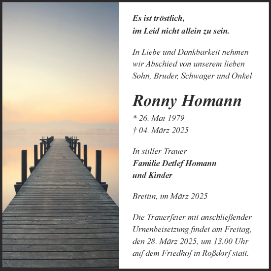Traueranzeige von Ronny Homann 