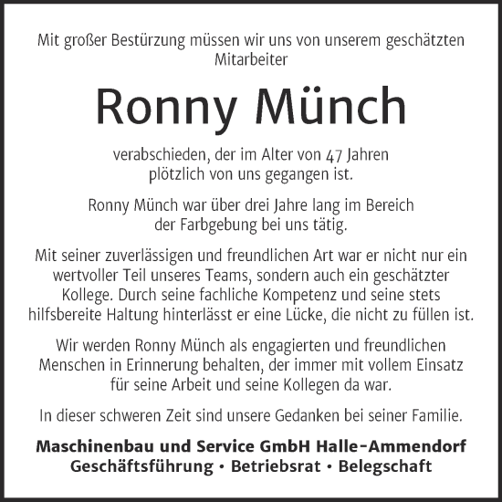 Traueranzeige von Ronny Münch von Mitteldeutsche Zeitung Halle/Saalkreis