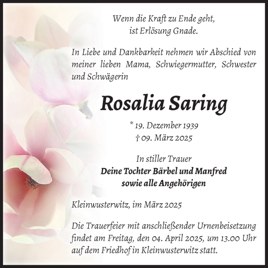 Traueranzeige von Rosalia Saring von Volksstimme Burg/Genthin