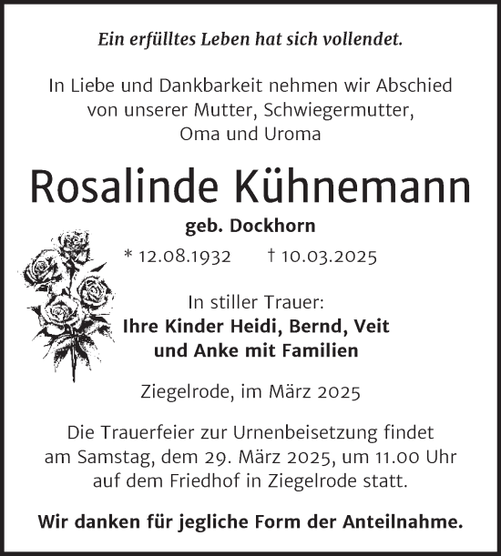 Traueranzeige von Rosalinde Kühnemann von Trauerkombi Mansfelder Land