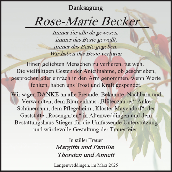 Traueranzeige von Rose-Marie Becker von Volksstimme Oschersleben/Wanzleben