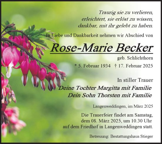 Traueranzeige von Rose-Marie Becker von Volksstimme Oschersleben/Wanzleben