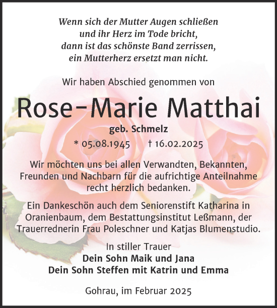 Traueranzeige von Rose-Marie Matthai von Trauerkombi Wittenberg