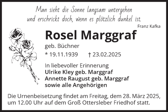 Traueranzeige von Rosel Marggraf von Volksstimme Magdeburg