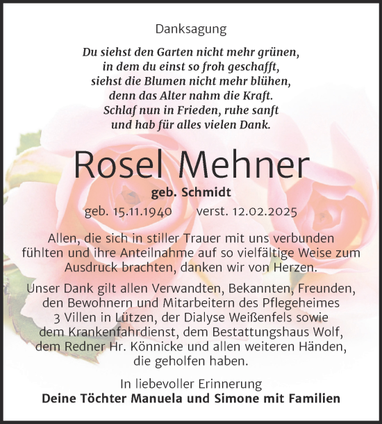 Traueranzeige von Rosel Mehner von Trauerkombi Weißenfels