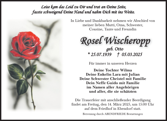 Traueranzeige von Rosel Wischeropp von Volksstimme Haldensleben/Wolmirstedt