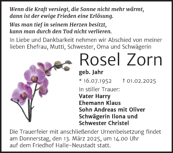 Traueranzeige von Rosel Zorn von Mitteldeutsche Zeitung Halle/Saalkreis