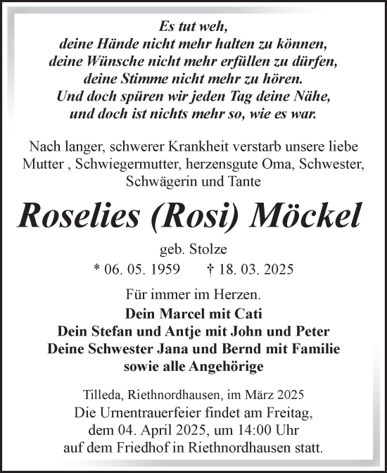 Traueranzeige von Roselies Möckel von Trauerkombi Sangerhausen