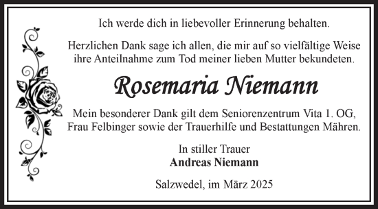 Traueranzeige von Rosemaria Niemann von Volksstimme Altmark West