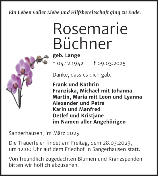 Traueranzeige von Rosemarie Büchner von Trauerkombi Sangerhausen
