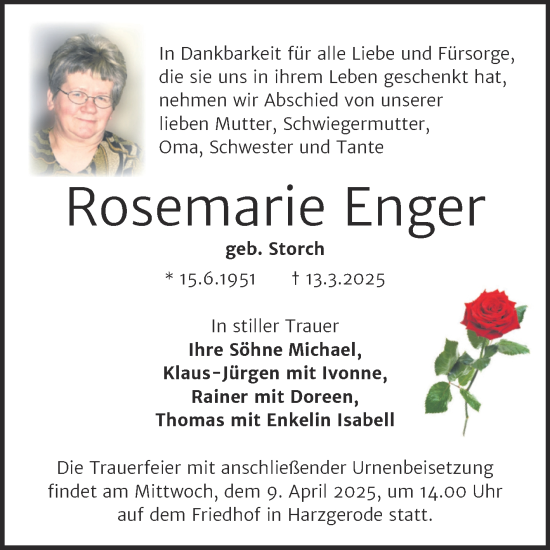 Traueranzeige von Rosemarie Enger von Trauerkombi Quedlinburg