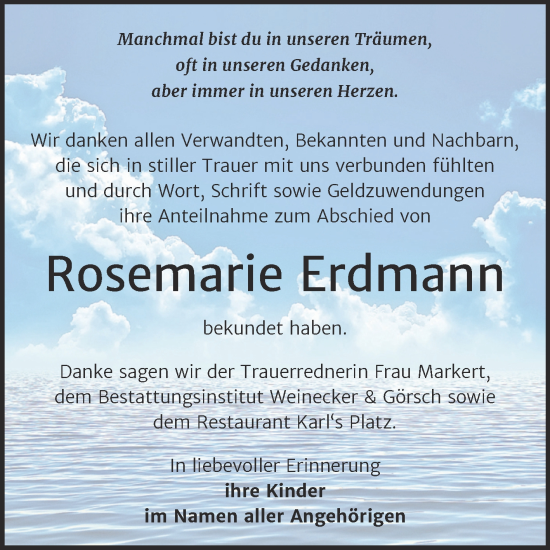 Traueranzeige von Rosemarie Erdmann von Trauerkombi Bernburg