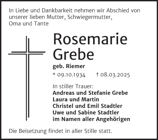 Traueranzeige von Rosemarie Grebe von Trauerkombi Wittenberg