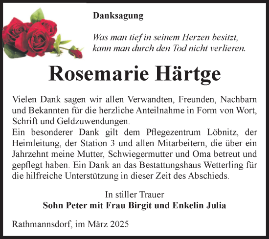 Traueranzeige von Rosemarie Härtge von Volksstimme Staßfurt