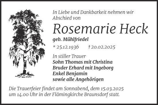 Traueranzeige von Rosemarie Heck von Trauerkombi Wittenberg