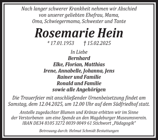 Traueranzeige von Rosemarie Hein von Volksstimme Magdeburg