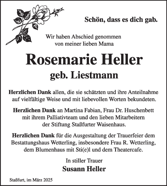 Traueranzeige von Rosemarie Heller 