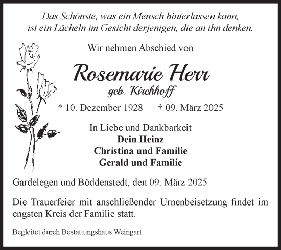 Traueranzeige von Rosemarie Herr von Volksstimme Altmark West
