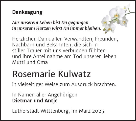 Traueranzeige von Rosemarie Kulwatz von Trauerkombi Wittenberg