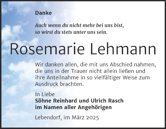 Traueranzeige von Rosemarie Lehmann von Trauerkombi Bernburg