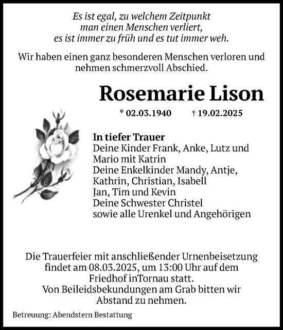 Traueranzeige von Rosemarie Lison von Volksstimme Altmark Ost