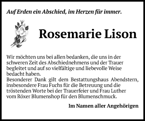 Traueranzeige von Rosemarie Lison von Volksstimme Altmark Ost