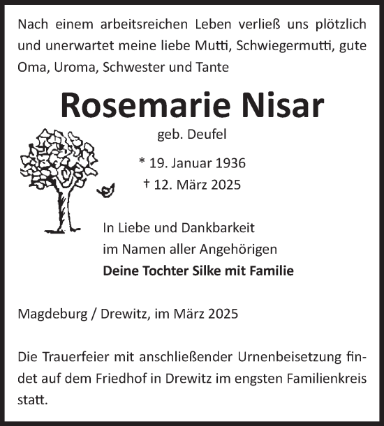 Traueranzeige von Rosemarie Nisar von Volksstimme Burg/Genthin