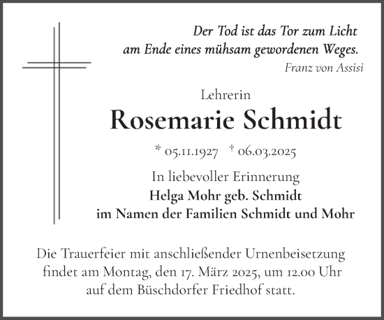 Traueranzeige von Rosemarie Schmidt von Mitteldeutsche Zeitung Halle/Saalkreis