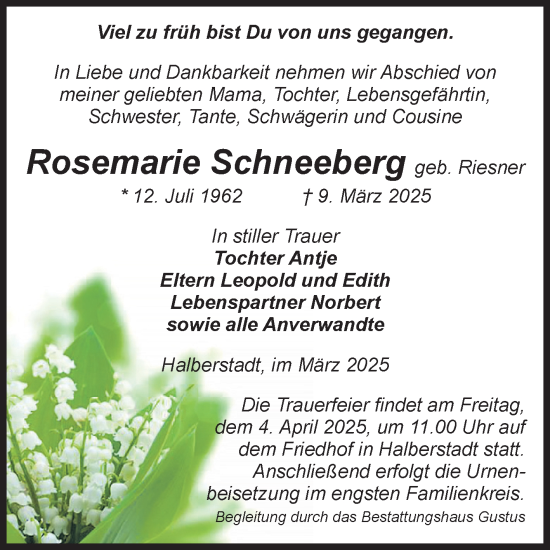 Traueranzeige von Rosemarie Schneeberg von Volksstimme Halberstadt