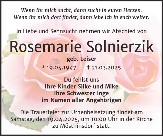 Traueranzeige von Rosemarie Solnierzik von Mitteldeutsche Zeitung Halle/Saalkreis