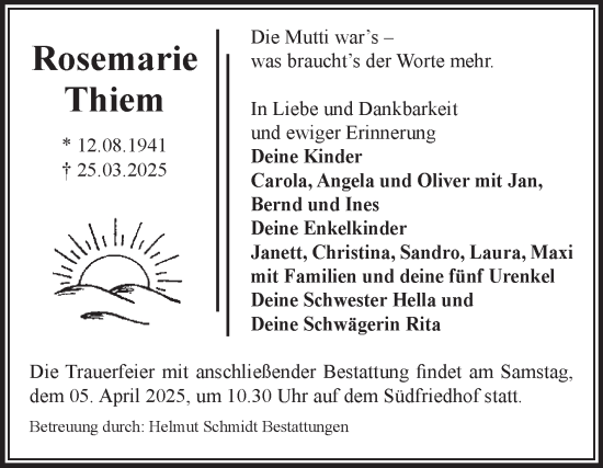 Traueranzeige von Rosemarie Thiem von Volksstimme Magdeburg