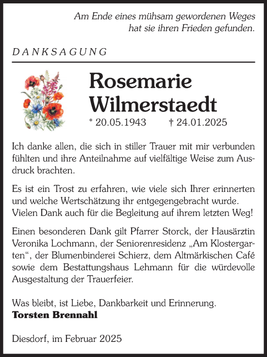 Traueranzeige von Rosemarie Wilmerstaedt von Volksstimme Altmark West